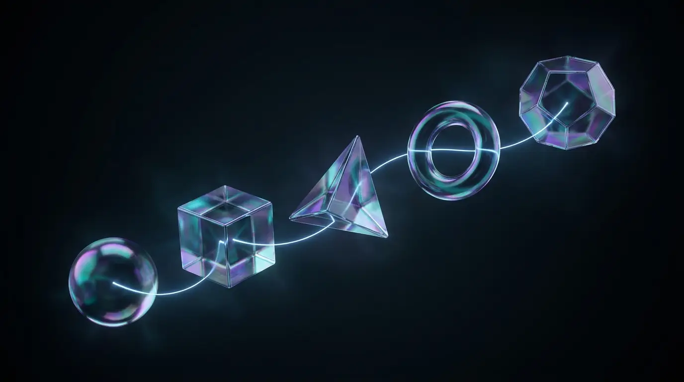 Five iridescent modules connected by a signal line