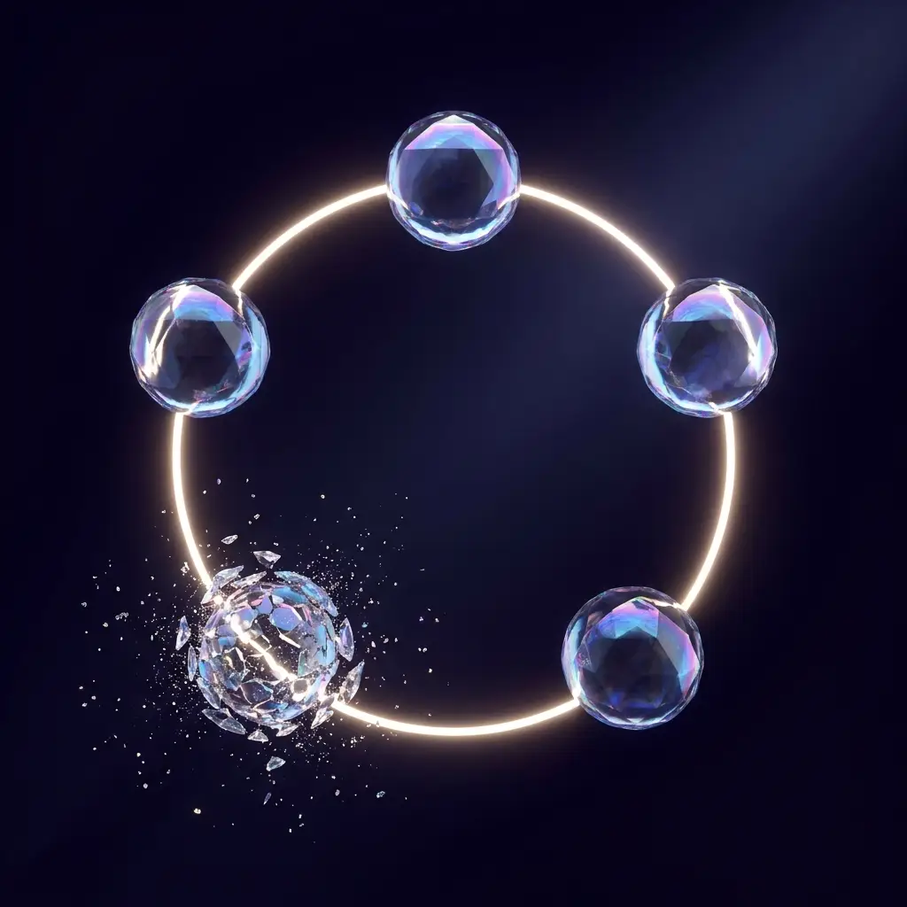 Five crystalline nodes in an orbital loop, one dissolving