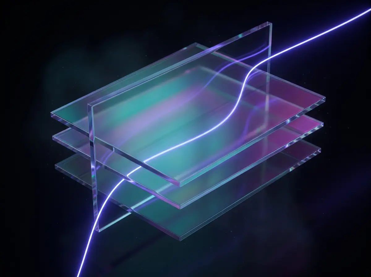 Layered iridescent glass panels threaded by a signal line