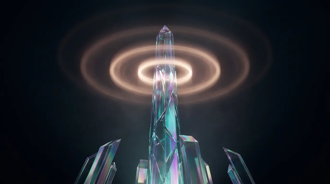 A crystalline beacon broadcasting rings of light