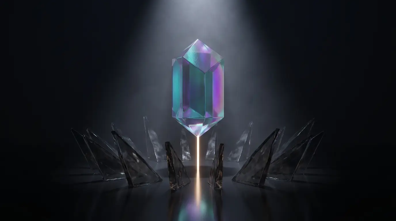A refined crystal elevated above a circle of rough shards