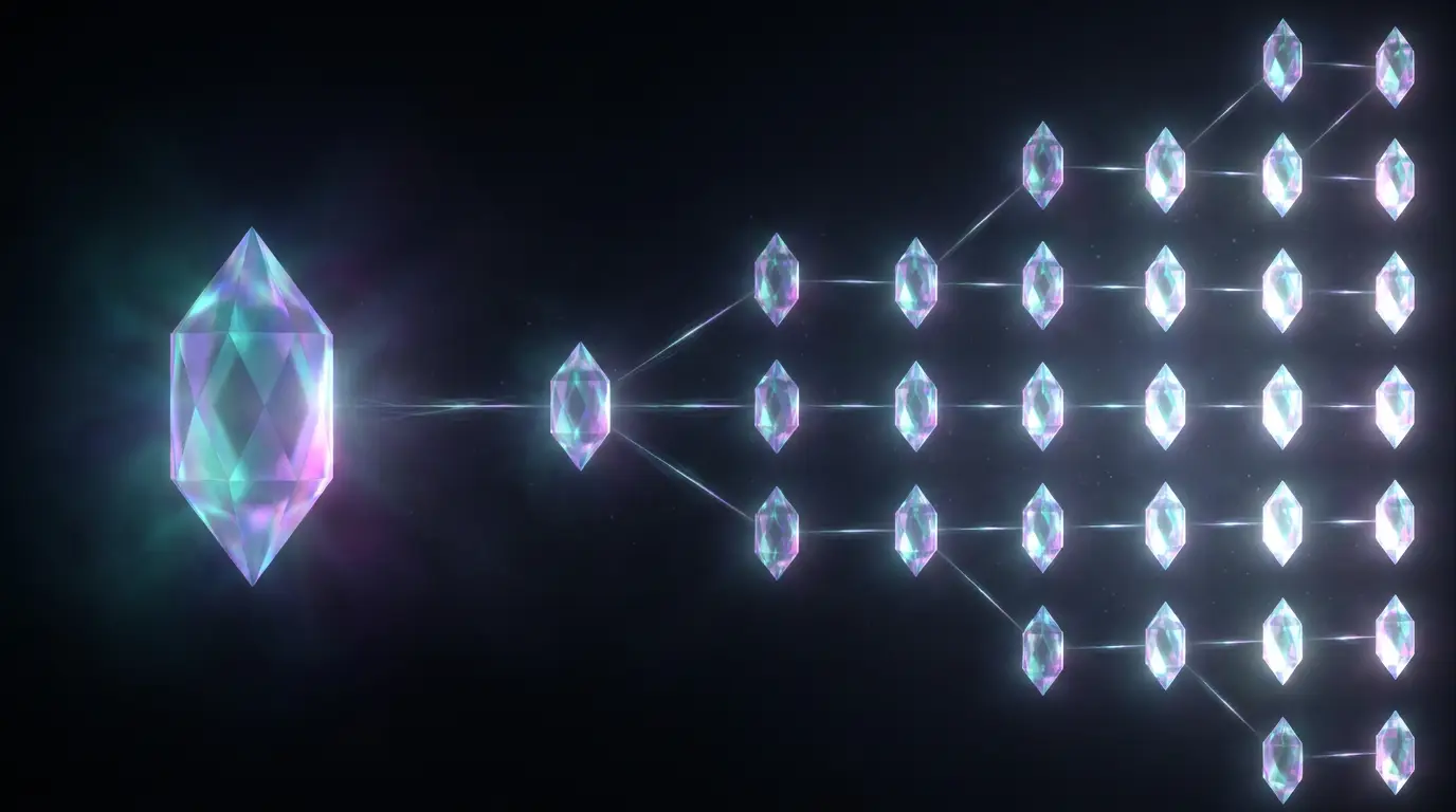 One luminous crystal seeding a growing grid of smaller crystals